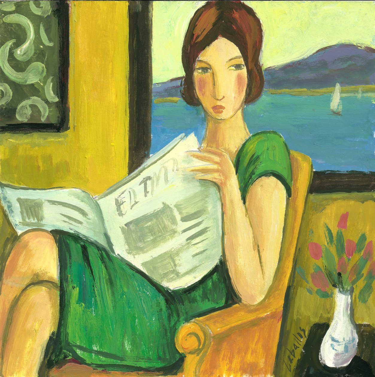 Dziewczyna czytająca gazetę, 2013 (gwasz na papierze) autorstwa Guillermo Martí Ceballos
