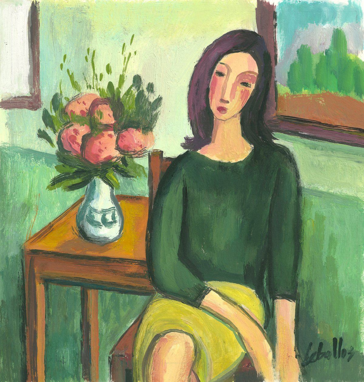 Dziewczyna z hortensjami, 2012 (gwasz na papierze) autorstwa Guillermo Martí Ceballos