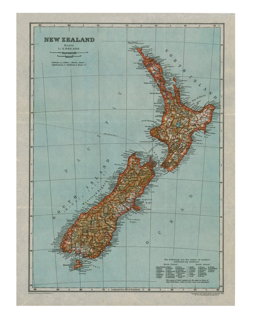 Mapa Nowej Zelandii, ok. 1910 r. autorstwa Gull Engraving Company