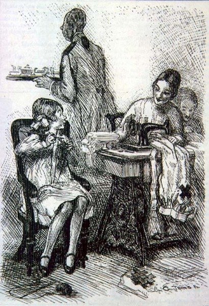 Mabel; "Mamo Droga! Mam nadzieję, że ta wojna się nie skończy, zanim skończę skarpetkę!" z magazynu „Punch”, tom CXLVII s.277, wyd. 30 września autorstwa Gurnell Charles Jennis