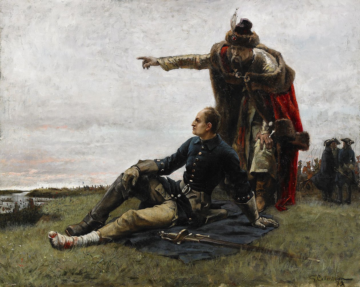 Karol XII Szwedzki i Iwan Mazepa po bitwie pod Połtawą, 1879 autorstwa Gustaf Cederström