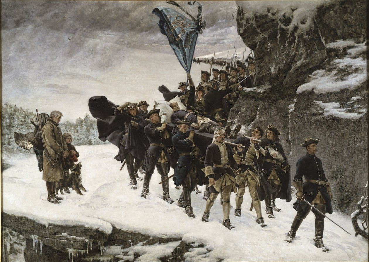Przyniesienie do domu ciała króla Szwecji Karola XII, 1884 autorstwa Gustaf Olaf Cederstrom