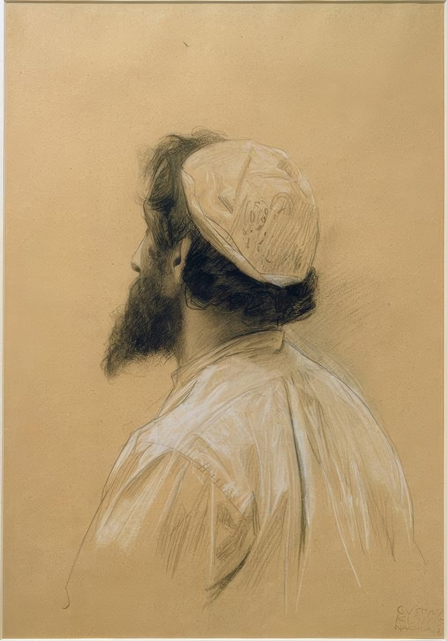 Brodaty młodszy mężczyzna z czapką w zagubionym profilu ... autorstwa Gustav Klimt