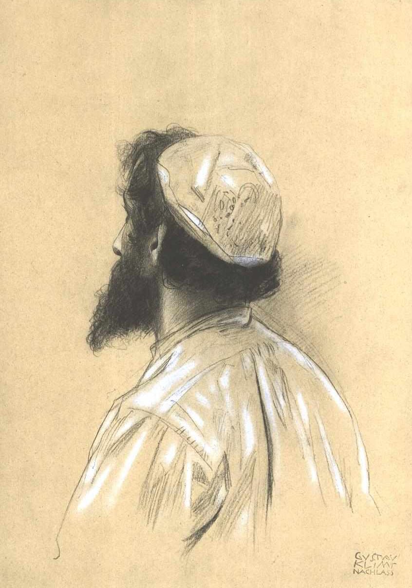 Brodaty młodszy mężczyzna w czapce w zagubionym profilu po lewej stronie autorstwa Gustav Klimt