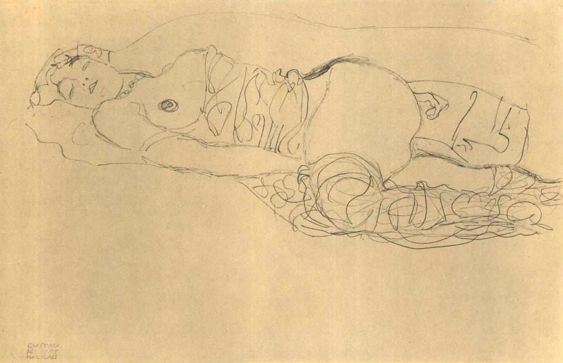 Leżąc do połowy po lewej stronie z podciągniętymi nogami autorstwa Gustav Klimt
