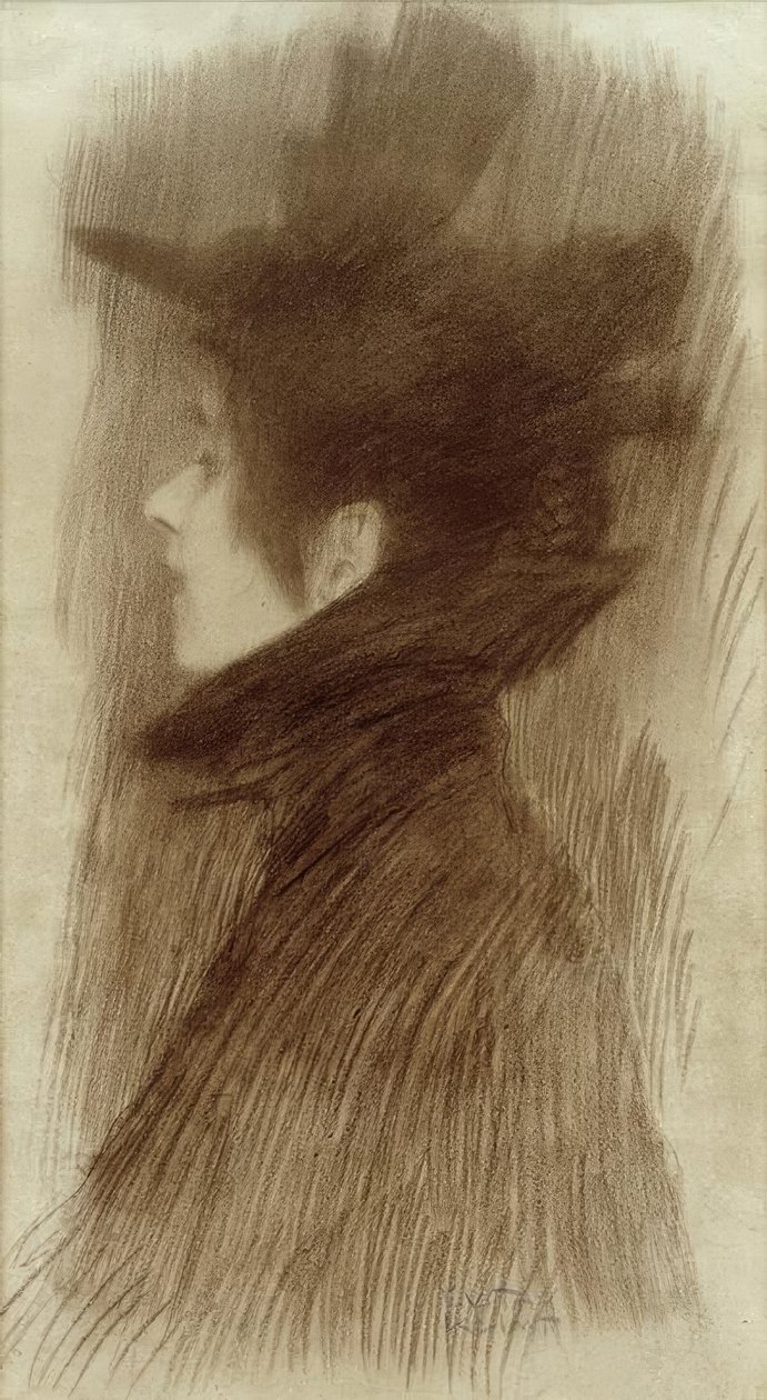 Dziewczyna w kapeluszu i pelerynie w profilu autorstwa Gustav Klimt