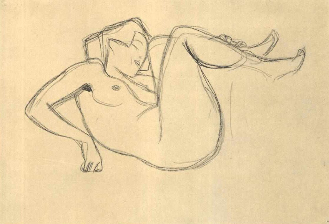 Naga dziewczyna przykucnięta z naciągniętymi udami autorstwa Gustav Klimt
