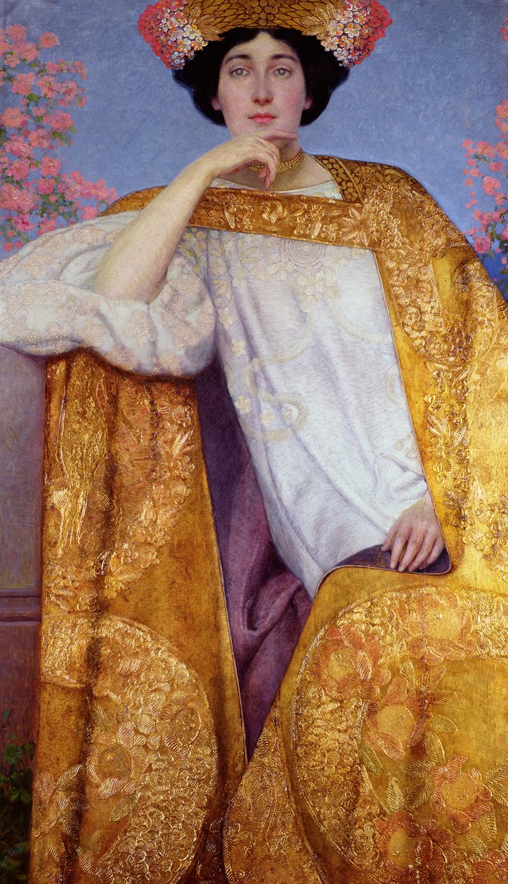 Portret kobiety w złotej sukni, namalowany we współpracy z Ernstem Klimtem (1864-92) Franzem Matschem (1861-1942) i jego pracownią, 1886-87 autorstwa Gustav Klimt