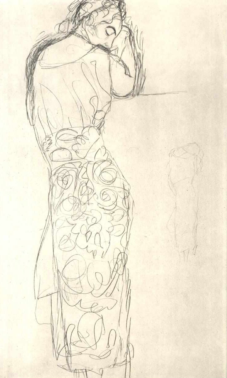Widok z tyłu stojącej kobiety we wzorzystej spódnicy autorstwa Gustav Klimt