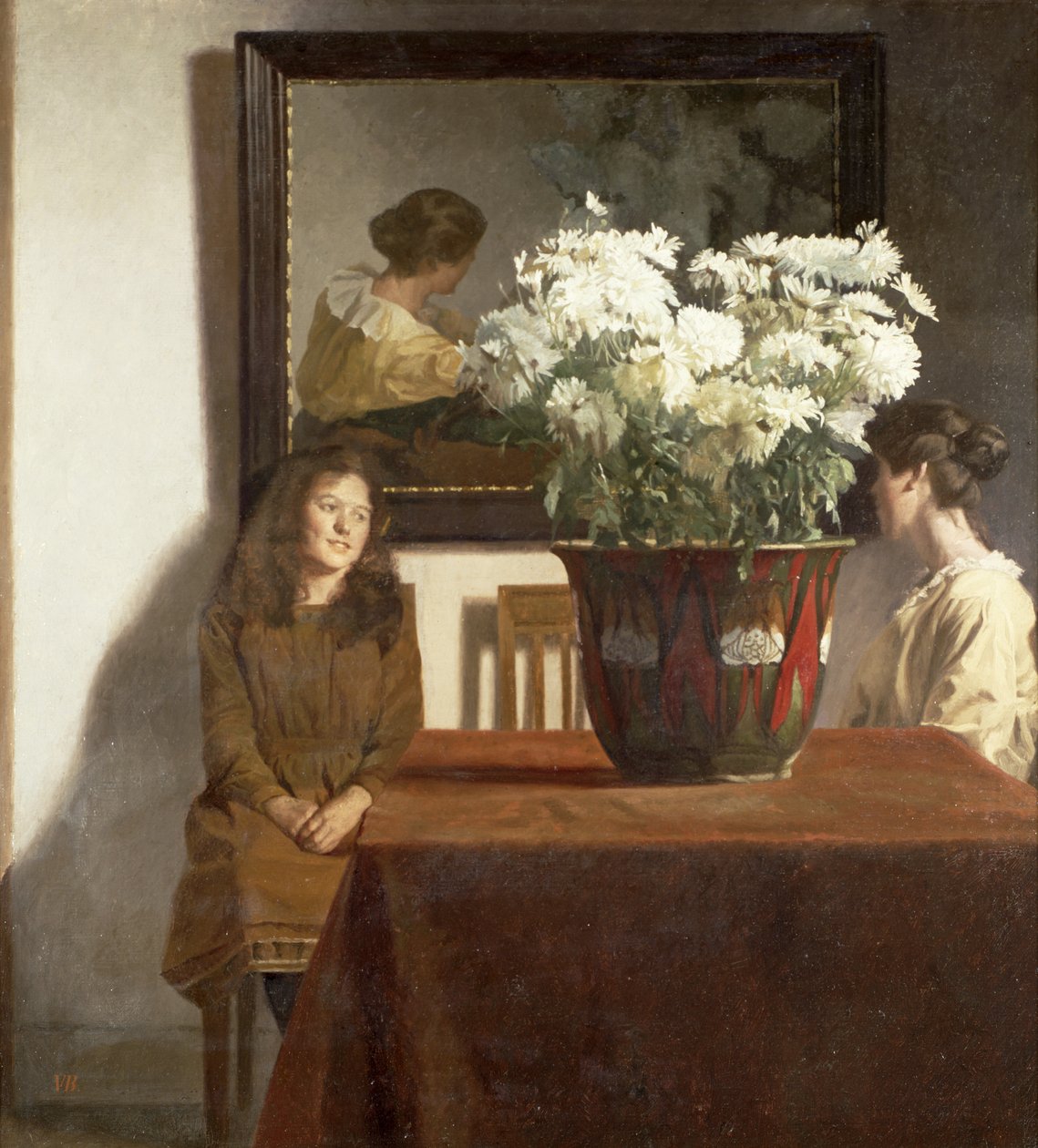 Figurki z miską białych chryzantem autorstwa Gustav Wilhelm Blom