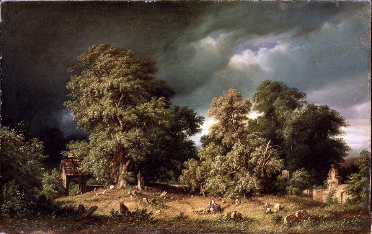 Stary Cmentarz. Kobieta siedzi samotnie na zacisznym wiejskim cmentarzu, gdy niebo wypełnia ciemne chmury. Obraz Gustava Paula Clossa (1840-1870), olej na płótnie, ok. 1865. Sztuka niemiecka, XIX-wieczny krajobraz. Pan. autorstwa Gustav Adolf Closs