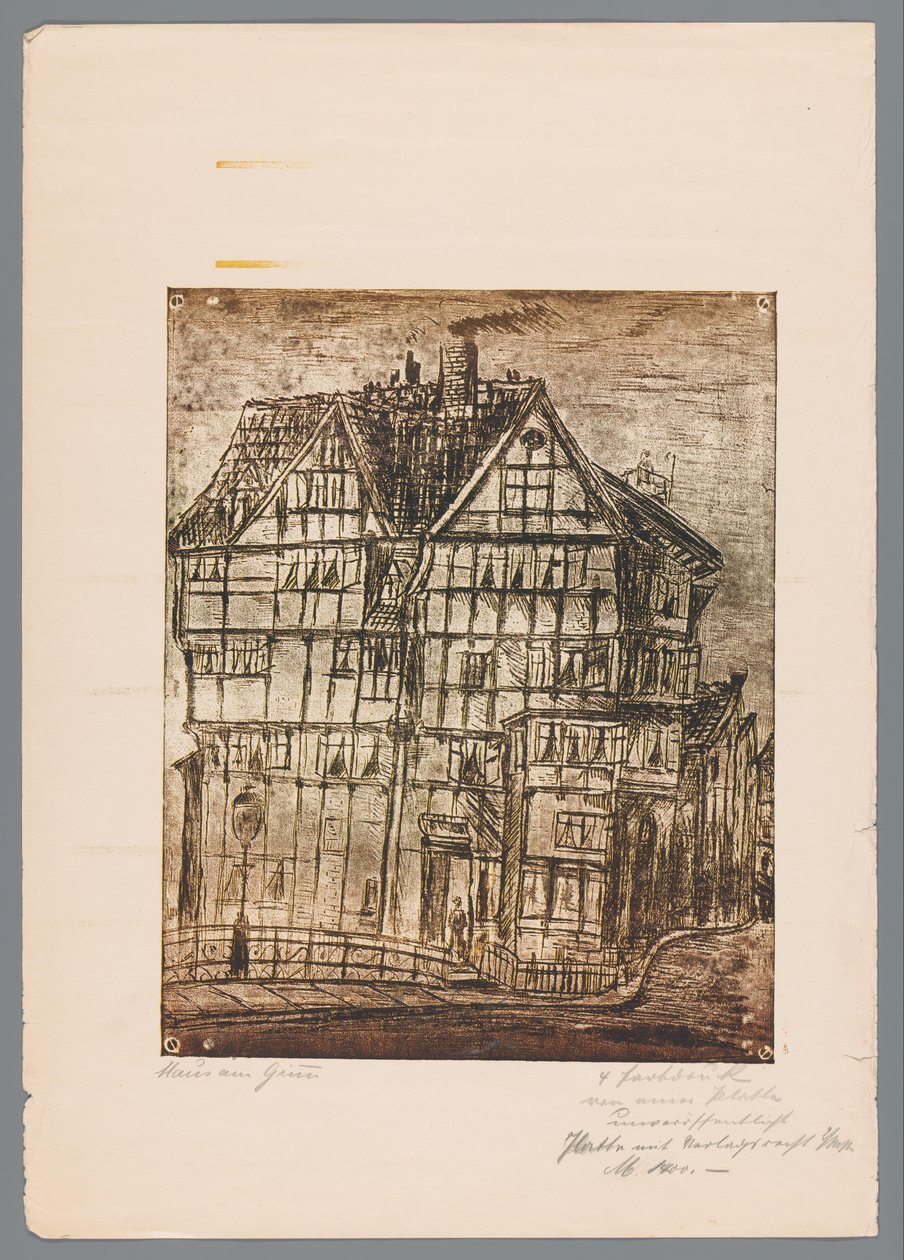 Reprodukcja grafiki lub rysunku z widokiem starego domu, prawdopodobnie w Greiz w Niemczech autorstwa Gustav Digel (signed by artist)