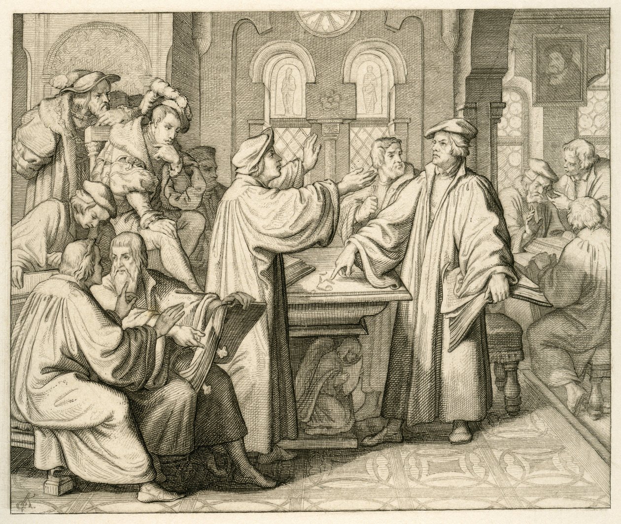 Luter i Ulrich Zwingli (1494-1531) dyskutują o sakramencie i nie mają porozumienia, w Marburgu 1529 autorstwa Gustav Ferdinand Leopold Konig