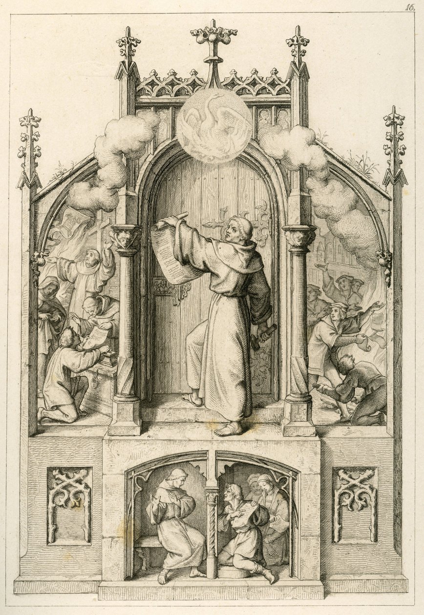 Luter nie chce udzielać odpustów, po lewej: Johann Tetzel (1465-1519) pali papiery Lutra, główny obraz: Luter wiesza swoje 95 tez na drzwiach kościoła w Wittenberdze, po prawej: studenci kl. płonie Uniwersytet w Wittenberdze autorstwa Gustav Ferdinand Leopold Konig