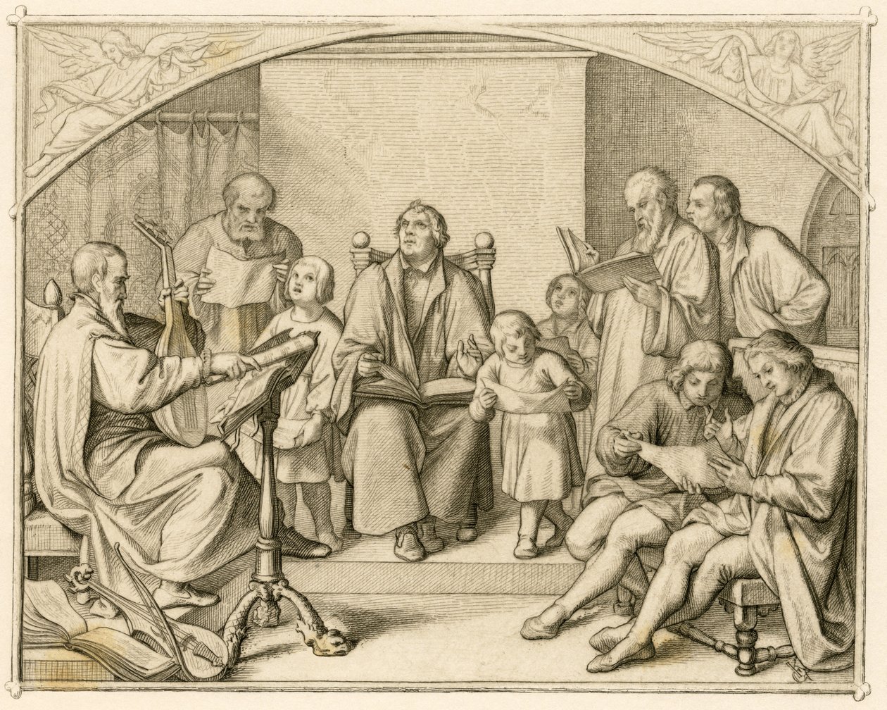 Wprowadzenie przez Lutra niemieckich protestanckich hymnów religijnych wraz ze swoimi dziećmi i przyjaciółmi pod przewodnictwem Johannesa Walthera (1496-1570) autorstwa Gustav Ferdinand Leopold Konig