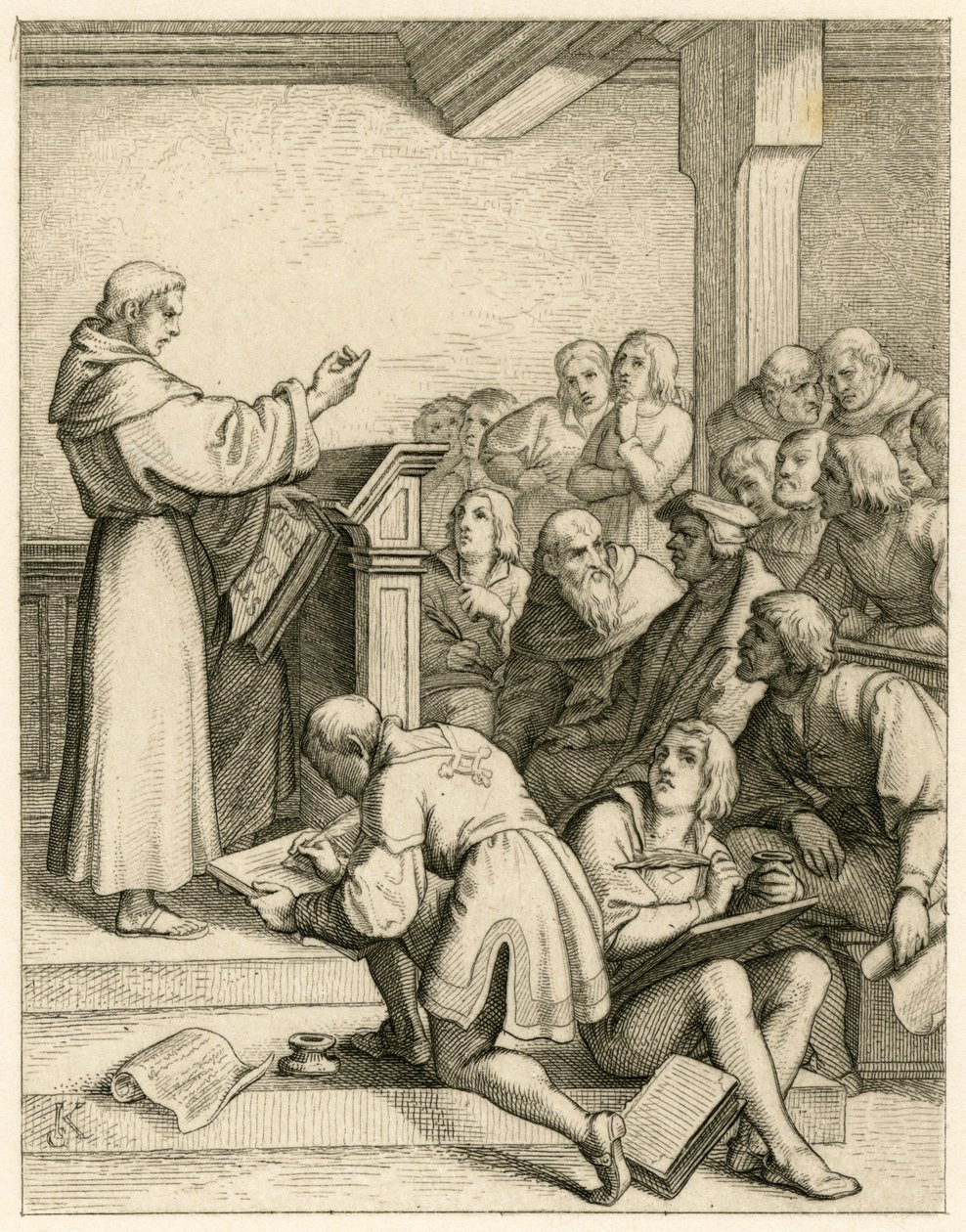 Marcin Luter wykłada na uniwersytecie w Wittenberdze, przed nim prorektor dr Pollich i jego przyjaciel ze strony ojca Johann von Staupitz (1460-1524) autorstwa Gustav Ferdinand Leopold Konig