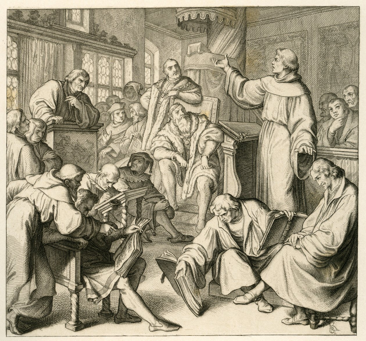 Marcin Luter w rozmowie z dr. Johannes Eck (Johann Maier von Eck) (1486-1543), po stronie Lutra znajduje się Philipp Melanchthon (1497-1560) i Karlstadt (Andreas Rudolf Bodenstein von Karlstadt autorstwa Gustav Ferdinand Leopold Konig