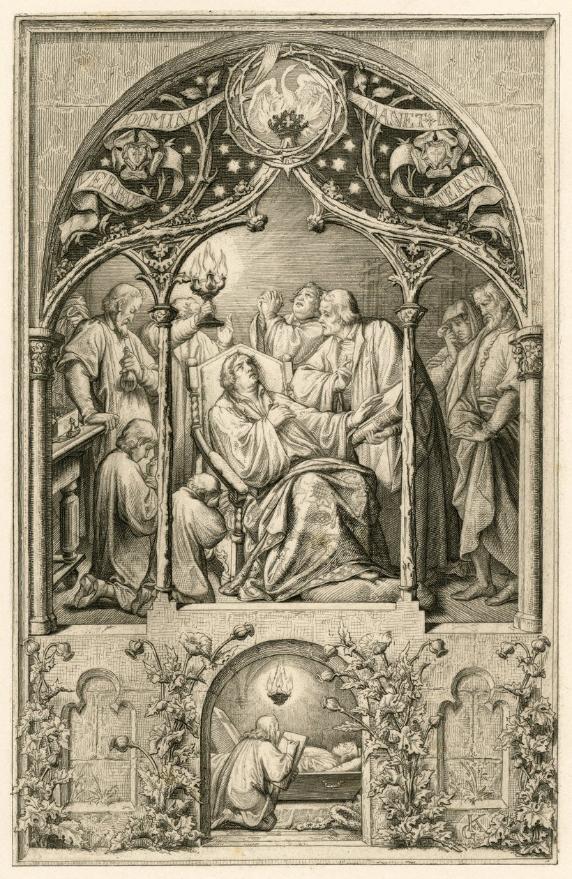 Śmierć Marcina Lutra, dwaj synowie Lutra klęczący przed ojcem, dr Justus Jonas wypowiada ostatnie słowa, za nimi modlący się Michael Coelius, Johannes Aurifaber ze świecznikiem, lekarz Simon Wild z lekarstwami i po prawej hrabia Albr. autorstwa Gustav Ferdinand Leopold Konig