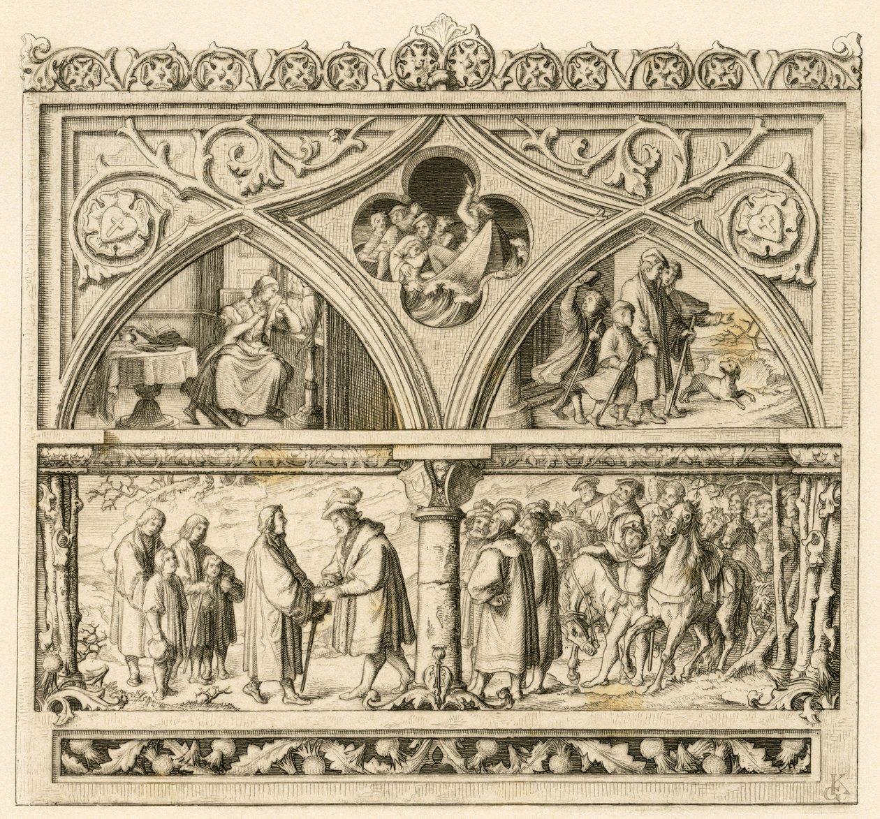 Podróż Marcina Lutra do hrabiego Mansfelda (Hoyer VI z Mansfeld-Vorderort (1477-1540); obraz u góry po lewej: smutna Katarzyna, pośrodku: wściekła rzeka Saale, po prawej: Luter wraz z synami zdjęcie w dół: Luter i hrabia autorstwa Gustav Ferdinand Leopold Konig