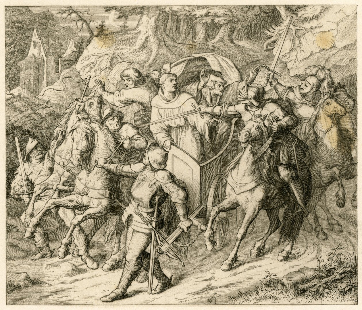 Porwanie Marcina Lutra w drodze powrotnej – 1521 – przez Hauptmanna von Berlepscha i Burkharda Hunda, z powodu bulli ekskomuniki papieża i wyjęcia cesarza spod prawa autorstwa Gustav Ferdinand Leopold Konig