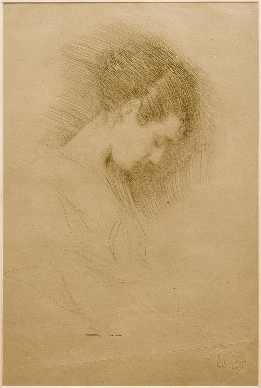 Portret w połowie długości przedstawiający dziewczynę z głową pochyloną w prawo autorstwa Gustav Klimt