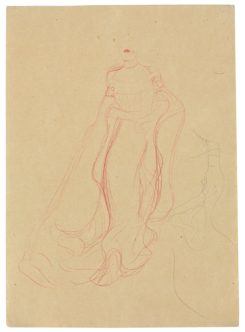 Studium kostiumu z zaciśniętymi dłońmi, powtórzenie prawej strony, ok. 1903-04 (kolorowa kredka woskowa i ołówek na cienkim papierze) autorstwa Gustav Klimt