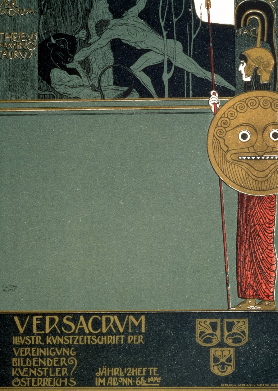 Okładka "Ver Sacrum", czasopisma Secesji Wiedeńskiej, przedstawiająca Tezeusza i Minotaura, w czasie pierwszej wystawy Secesji w Wiedniu, 1898 r. (litografia) autorstwa Gustav Klimt