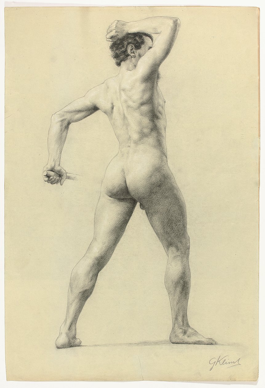 Akt męski od tyłu, ok. 1880 (ołówek powiększony białą kredą na papierze) autorstwa Gustav Klimt