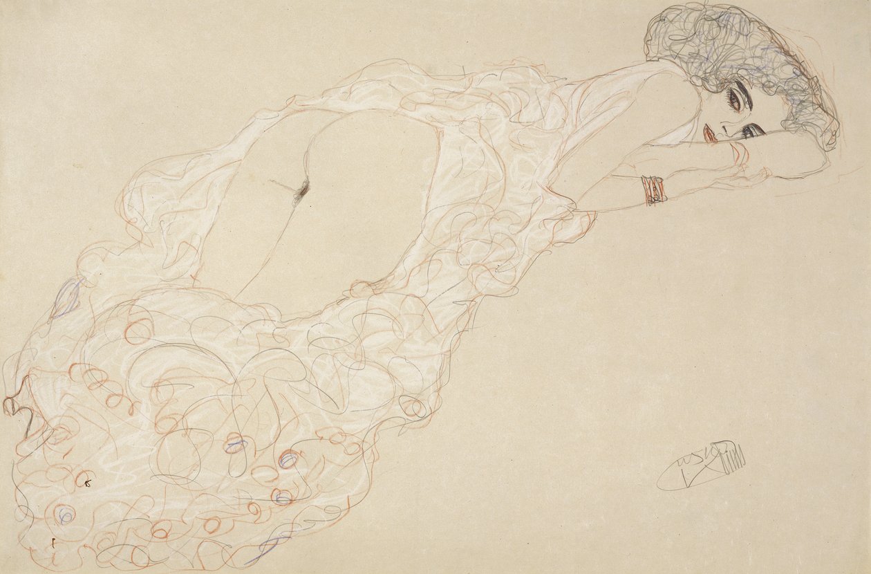 Leżąca nago, leżąca na brzuchu i zwrócona w prawo autorstwa Gustav Klimt