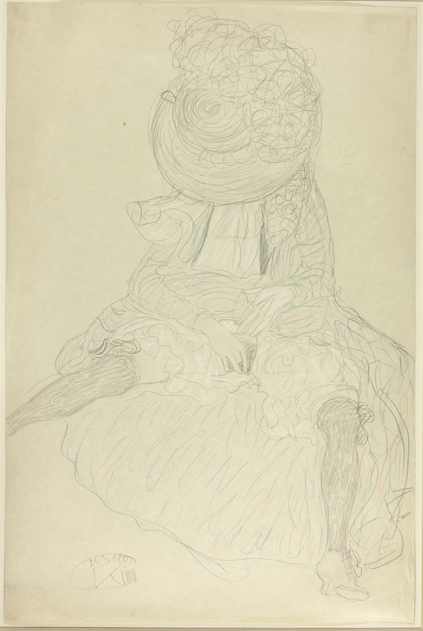 Siedząca kobieta z przodu w kapeluszu, z zakapturzoną twarzą autorstwa Gustav Klimt