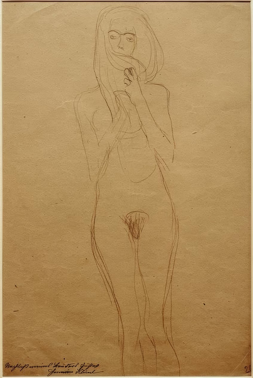 Stojąca naga kobieta, z ustami zakrytymi włosami autorstwa Gustav Klimt