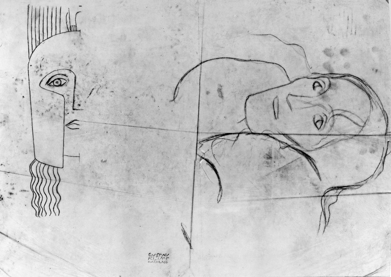Studia do Ver Sacrum 1900 - Pallas Atena i tragiczna głowa, 1897-98 (ołówek i niebieska kredka na kalce) autorstwa Gustav Klimt
