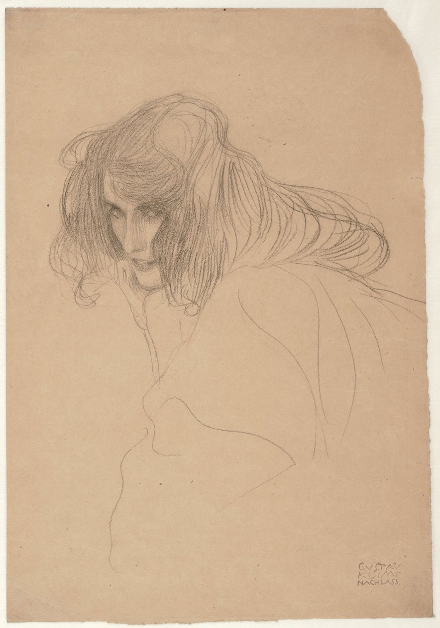 Studium głowy kobiety w profilu trzy czwarte (Studium nieczystości we fryzie Beethovena), ok. 1901-02 (czarna kreda na papierze) autorstwa Gustav Klimt