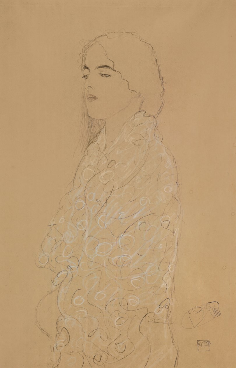 Kobieta z białym szalem (ołówek z biało-czerwoną kredą na papierze) autorstwa Gustav Klimt