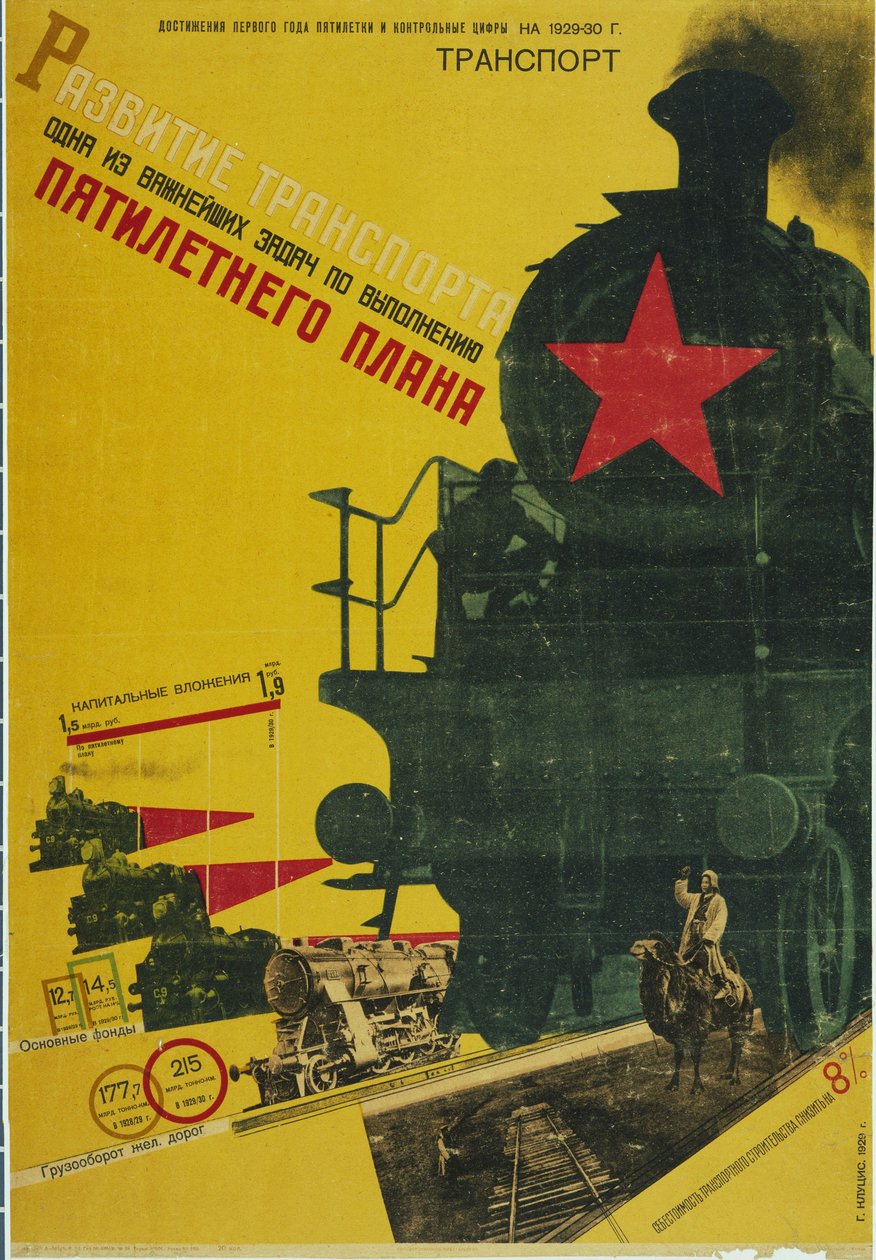 Rozwój transportu, plakat planu pięcioletniego, 1929 autorstwa Gustav Klutsis