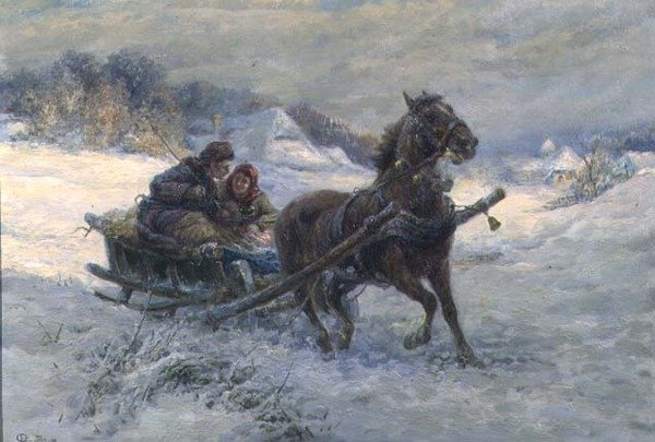 Kulig zimą (olej na desce) autorstwa Gustav Prucha