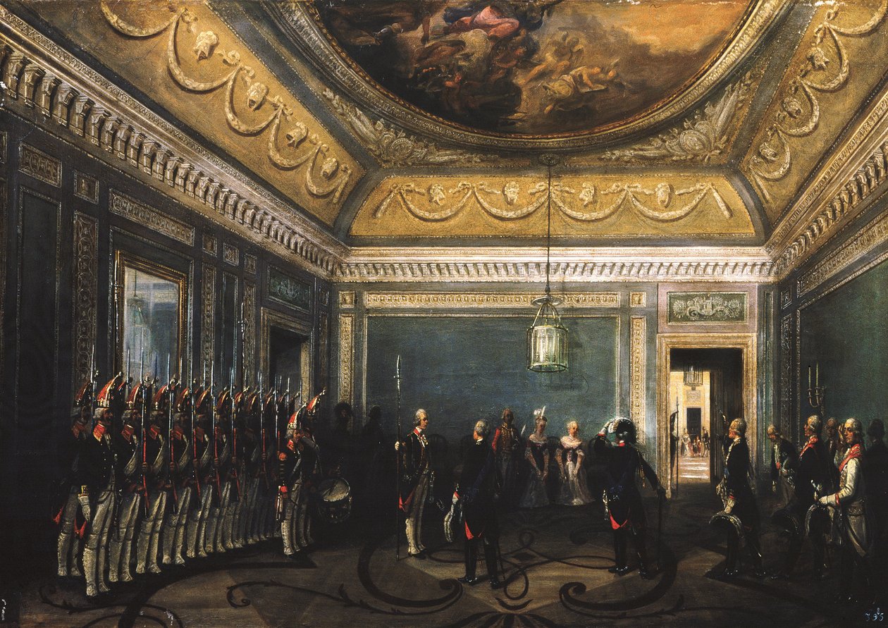Zmiana gwardii pułku Preobrazhensky w Pałacu Gatchina za czasów Pawła I, 1845 autorstwa Gustav Schwarz