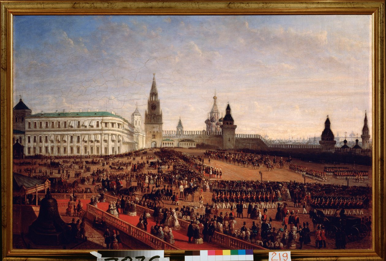 Parada wojskowa podczas koronacji cesarza Aleksandra II (1818-1881) na Kremlu moskiewskim, 18 lutego 1855. Obraz Gustava Schwarza (ok. 1800 po 1855), olej na płótnie autorstwa Gustav Schwarz