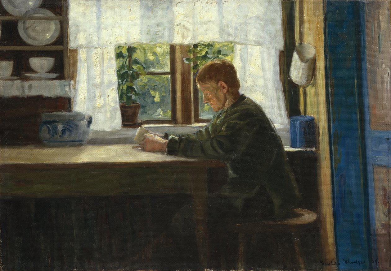 Chłopiec we wnętrzu kuchni (olej na płótnie) autorstwa Gustav Wentzel