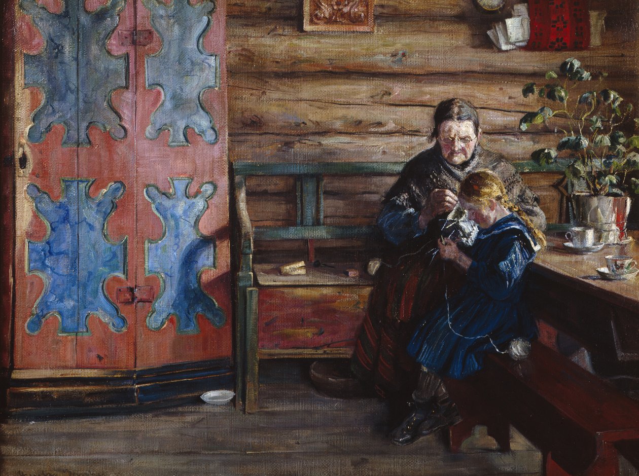 Wnętrze farmy z wnuczką (olej na płótnie) autorstwa Gustav Wentzel