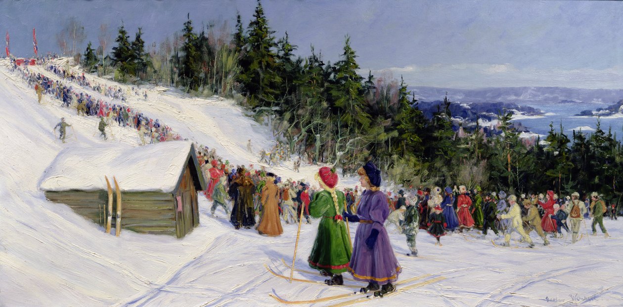 Zawody narciarskie w Fjelkenbakken (olej na płótnie) autorstwa Gustav Wentzel