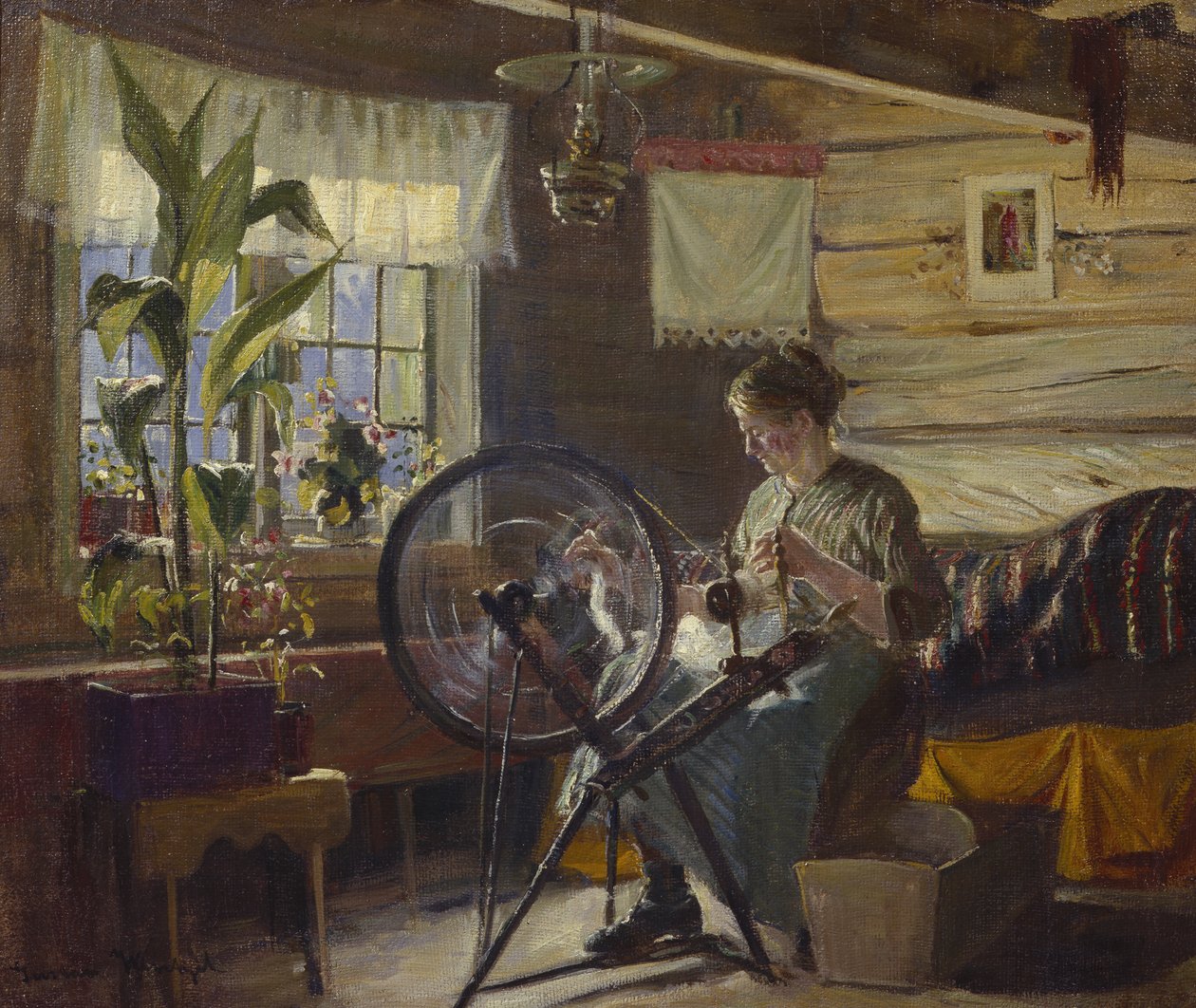 Kobieta w wiejskim wnętrzu (oi na płótnie) autorstwa Gustav Wentzel