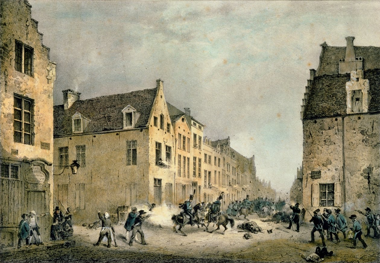 Dywersja holenderskiej dywizji w Porte de Flandre, Bruksela, 23 września 1830, rycina Jean Baptiste Madou (1796-1877) autorstwa Gustave Adolphe Simoneau