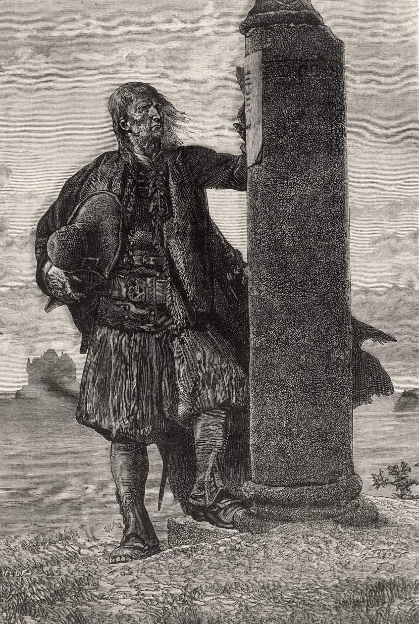 Markiz Lantenac odczytuje na filarze rozkaz aresztowania - ilustracja z Quatre Vingt Treize, XIX w. (rycina bw) autorstwa Gustave Brion