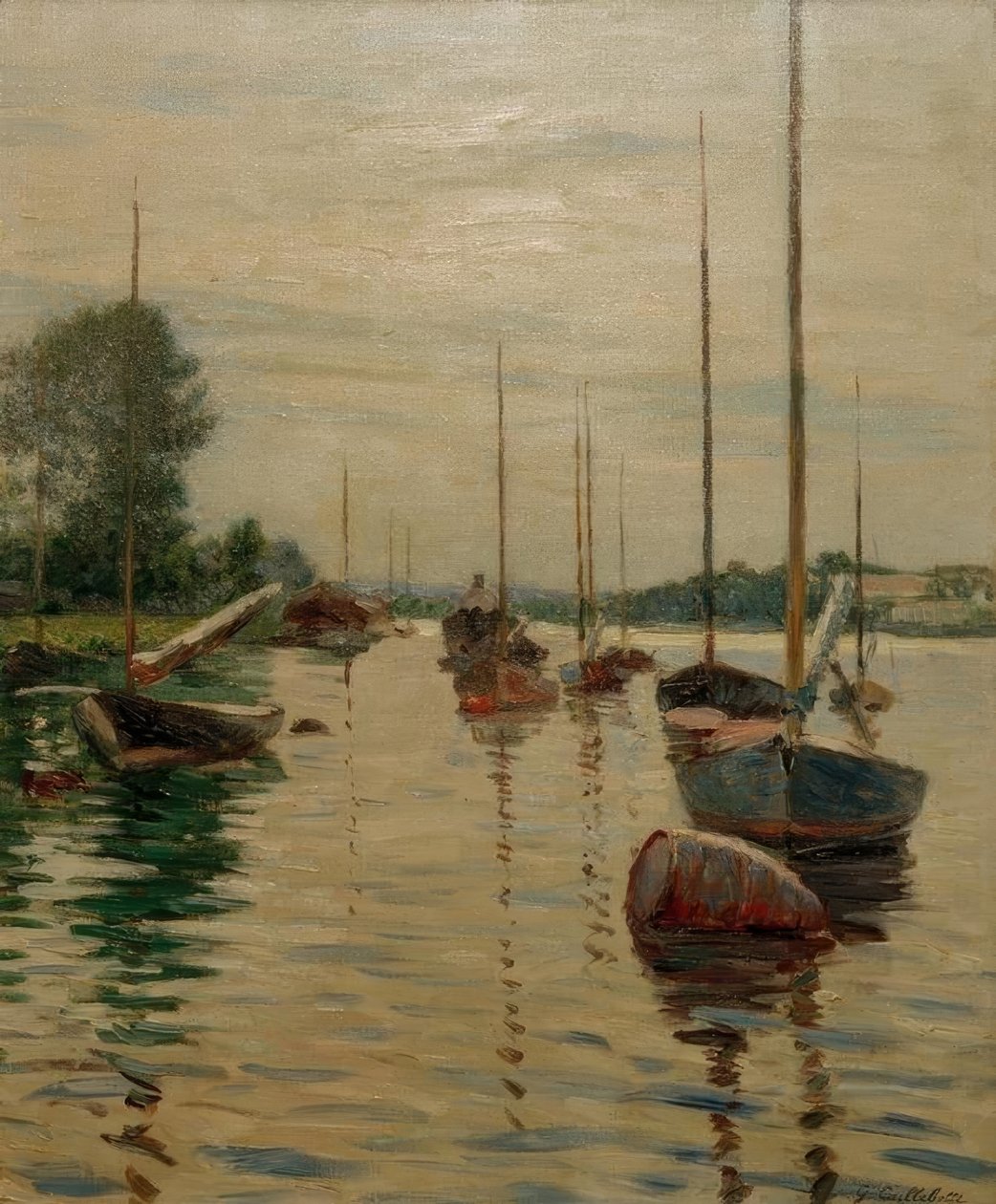 Łodzie zakotwiczone na Sekwanie autorstwa Gustave Caillebotte