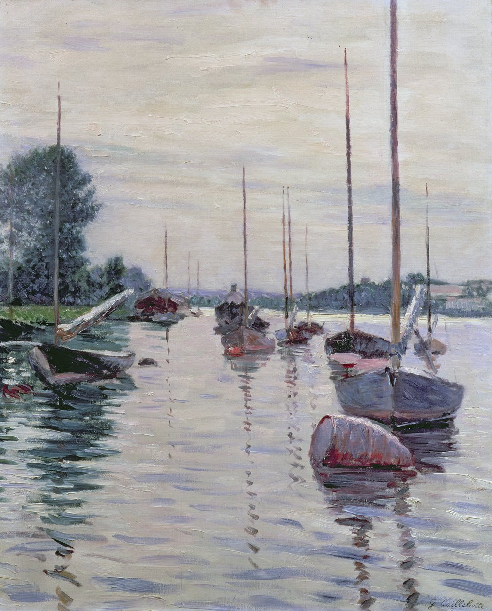 Łodzie zakotwiczone na Sekwanie autorstwa Gustave Caillebotte