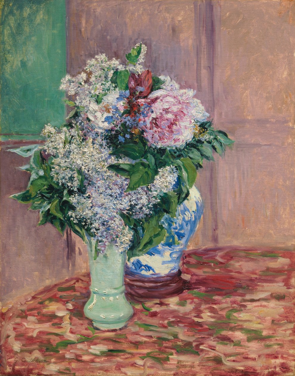 Bzy i piwonie w dwóch wazonach autorstwa Gustave Caillebotte