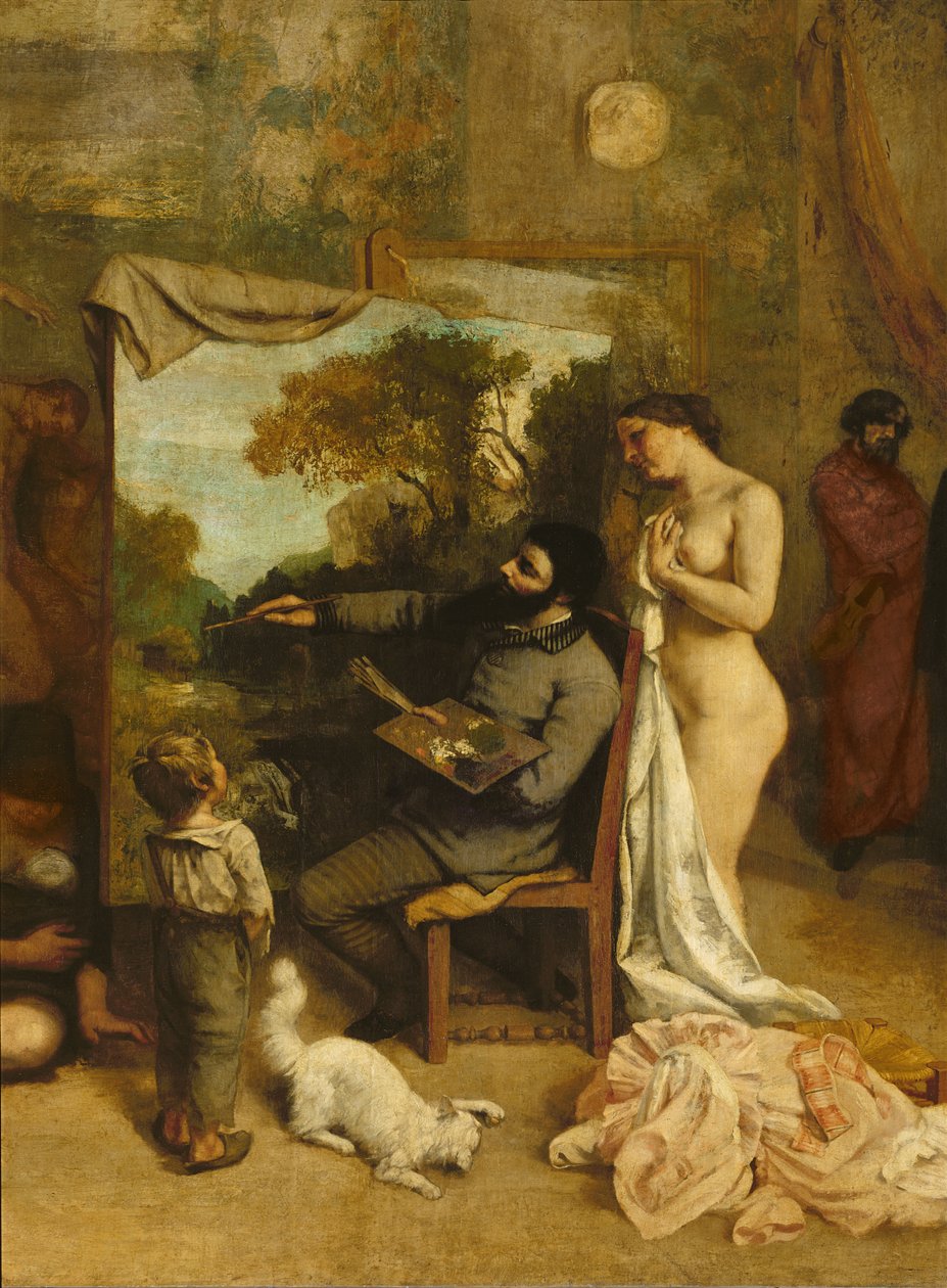 Pracownia Artysty, alegoria prawdziwa, detal malarza i jego modela, 1854-55 autorstwa Gustave Courbet