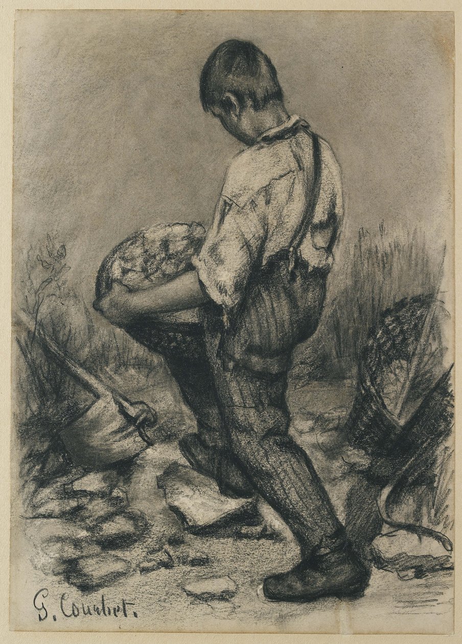 Młody łamacz kamieni, c. 1864 - 1865 (czarna kredka na cienkim, białawym papierze tkanym) autorstwa Gustave Courbet