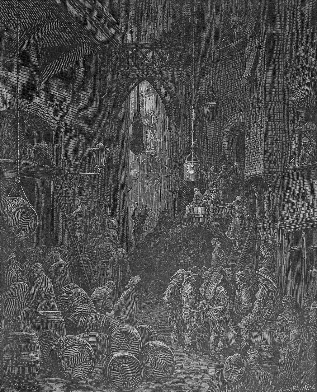 A Riverside Street, z „Londynu, pielgrzymka”, napisana przez Williama Blancharda Jerrolda (1826-84) i grawerowana przez Charlesa Laplante (zm. 1903) pub. 1872 autorstwa Gustave Dore